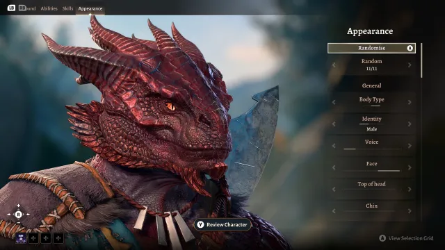 A Red Dragonborn character within the character creation screen of Baldur's Gate 3