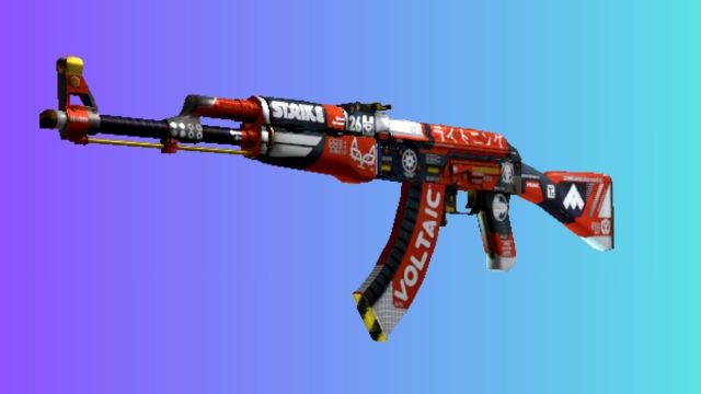 An AK-47 with the 'Bloodsport' skin, adorned with a sporty red, white, and black design and various decals, against a gradient blue and purple background.
