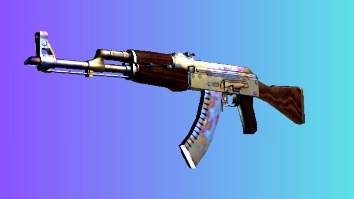 An AK-47 with the 'Case Hardened' skin, showing a unique blend of bluish-purple patina on metallic parts, set against a gradient blue and purple background.