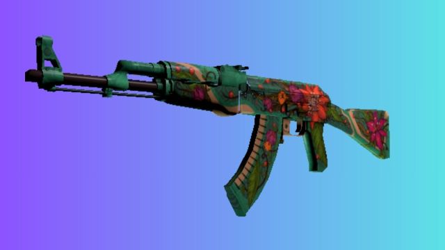 An AK-47 with the 'Fire Serpent' skin, showcasing a vibrant design with green hues and red floral motifs, against a blue and purple gradient background.