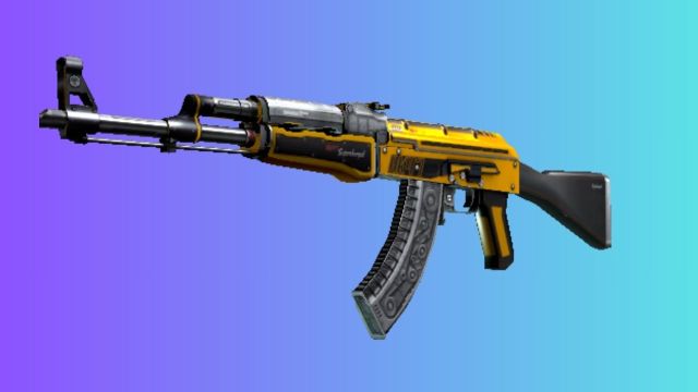 An AK-47 with the 'Fuel Injector' skin, featuring a vibrant yellow color with black and red details, set against a gradient blue and purple background.