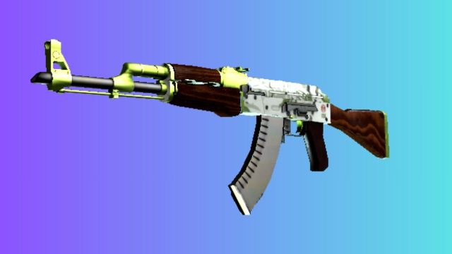 An AK-47 with a 'Hydroponic' skin, featuring a white and green color scheme with accents of bright lime, set against a gradient blue and purple background.
