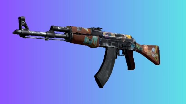 An AK-47 with the 'Jet Set' skin, adorned with various travel stickers and a world map, against a gradient blue and purple background.