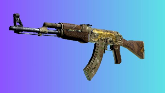 An AK-47 with the 'Pantera Onca' skin, featuring a pattern inspired by the jaguar's coat, against a gradient blue and purple background.