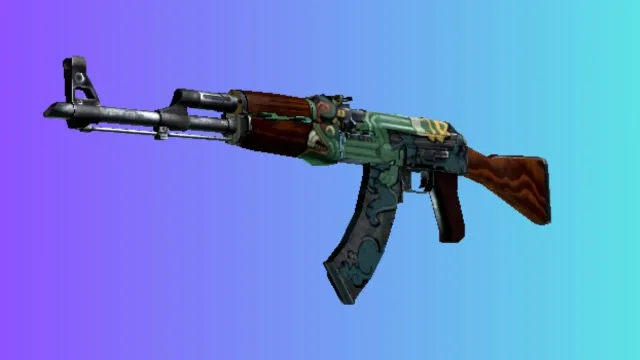 An AK-47 with a 'Wild Lotus' skin featuring a green and blue color scheme with floral patterns, displayed against a gradient blue and purple background.