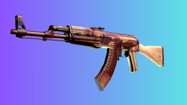An AK-47 with an 'X-Ray' skin, presenting a translucent red design that reveals internal mechanisms, against a blue and purple gradient background.