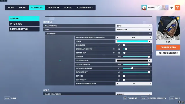 Recommended settings for an Ana crosshair in Overwatch 2.