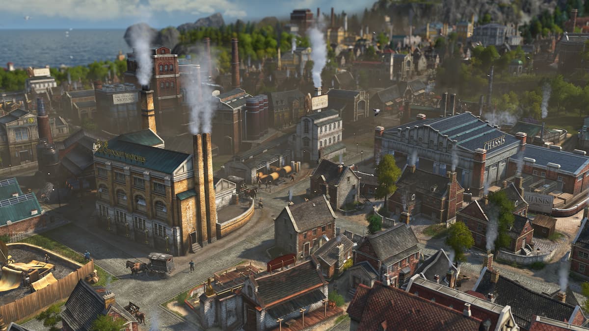 Screenshot of big factories in the industrial area of the city in Anno 1800