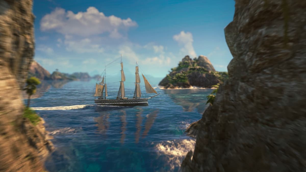 A ship sailing through the waters of New World in Anno 1800