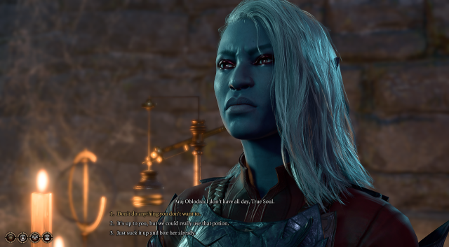 A screenshot of Araj Oblodra, a Drow in BG3 and she is asking the player if she can bite Astarion.