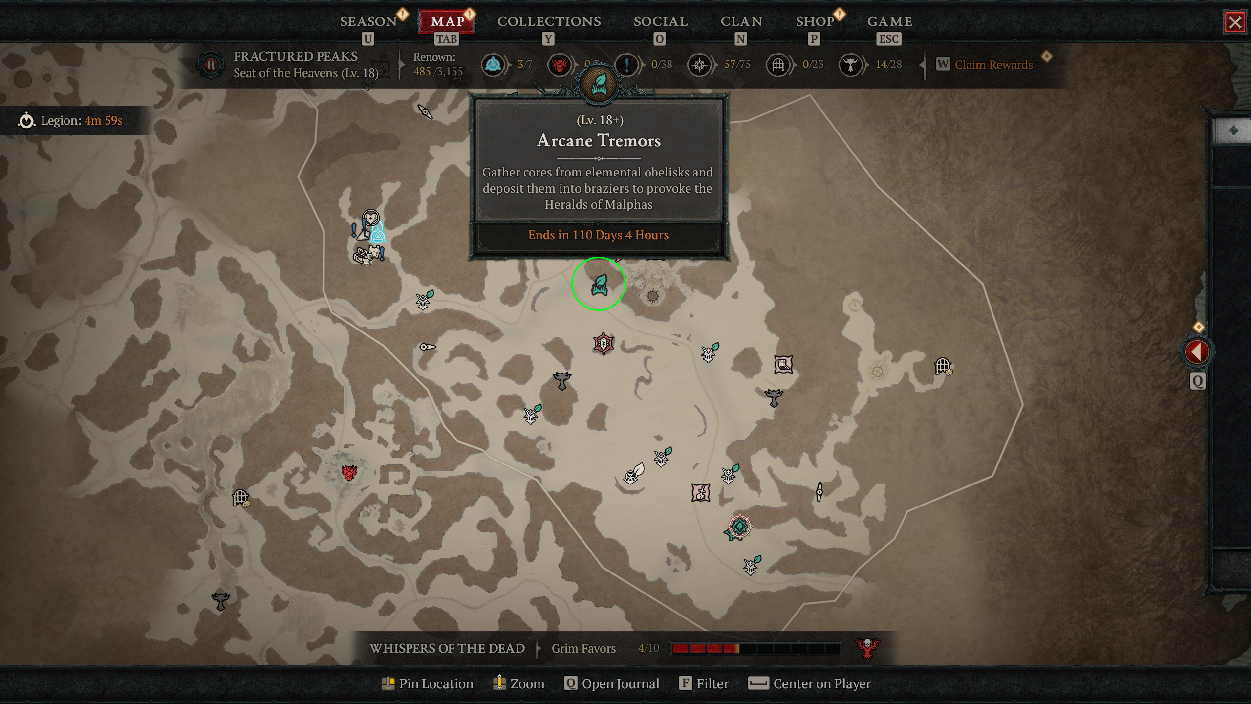 Arcane Tremors marked on the map in Diablo 4 season three.