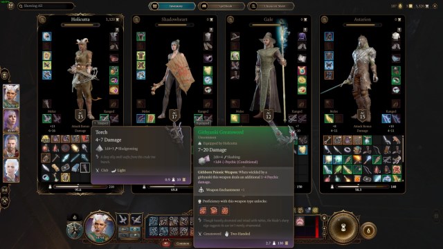 A Baldur's Gate 3 inventory highlighting the torch item.