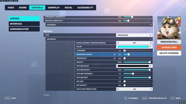 Settings for a Wrecking Ball crosshair in Overwatch 2.