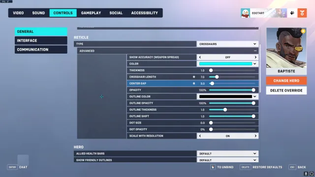 Recommended crosshair settings for Baptiste in Overwatch 2.