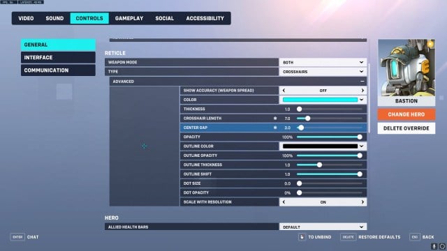 Recommended crosshair settings for Bastion in Overwatch 2.