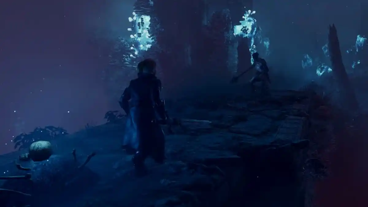 A warrior about to fight in a darkened cavern in Enshrouded.