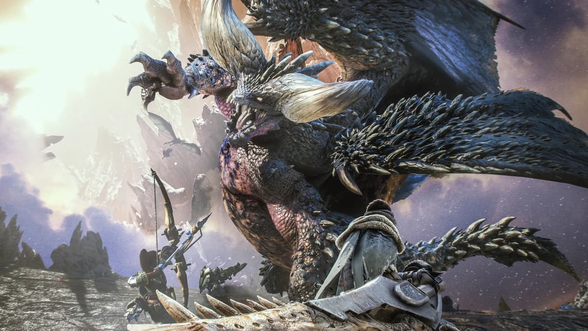 A promotional image of a monster fight from Monster Hunter: World.