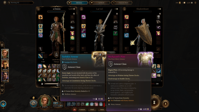 Image of the inventory screen in BG3 showing Blackguard's armor.