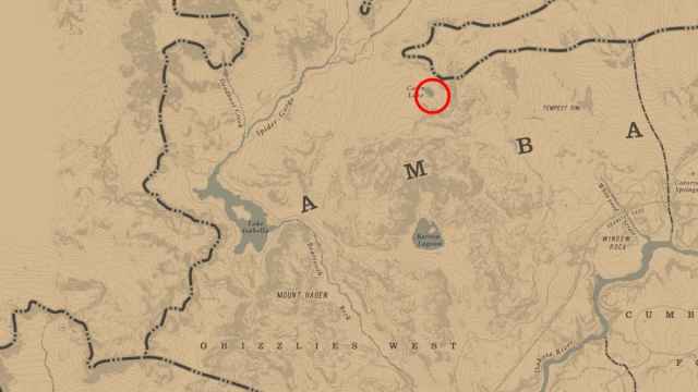 Cairn Lake circled on the RDR2 map