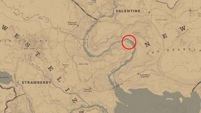 River under Caliban's Seat circled on the RDR2 map