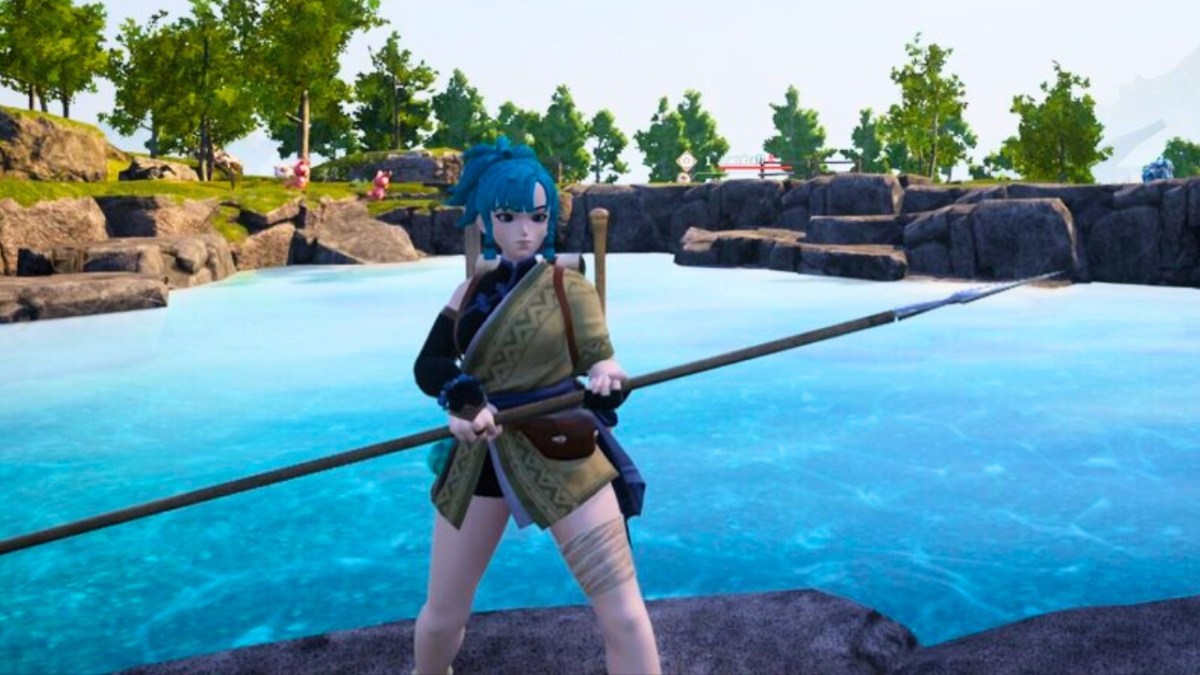 Woman holding a spear in front of a pond in palworld