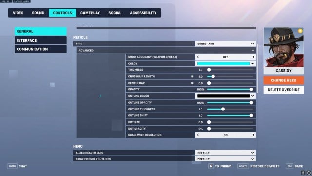 Our recommended crosshair settings for Cassidy in Overwatch 2.
