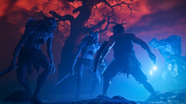 A man battles enemies with a glowing weapon next to a ruined tree in Enshrouded.