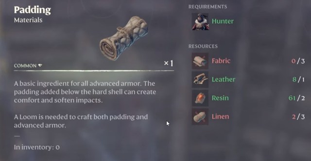 Enshrouded Padding recipe and crafting materials needed