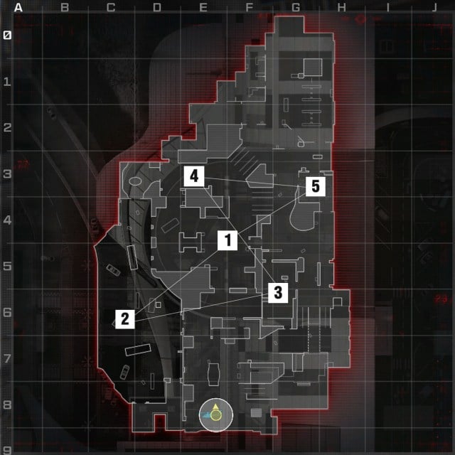 A screenshot of the CoD tactical map of Departures with Hardpoint hills shown in order.