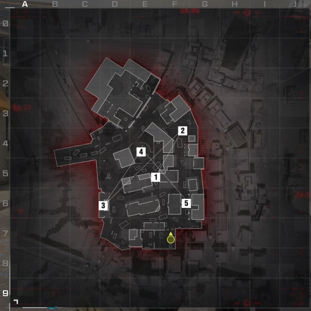An overhead shot of Invasion in Modern Warfare 3 with the five hardpoints marked in order.