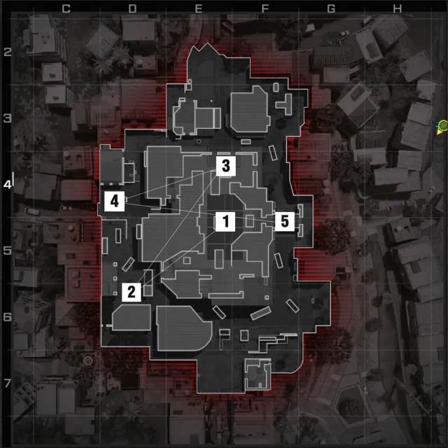 A screenshot of the CoD tactical map of Rio with Hardpoint hills shown in order.