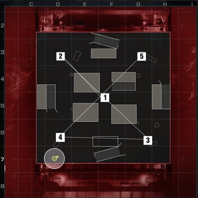 A screenshot of the CoD tactical map of Shipment with Hardpoint hills shown in order.