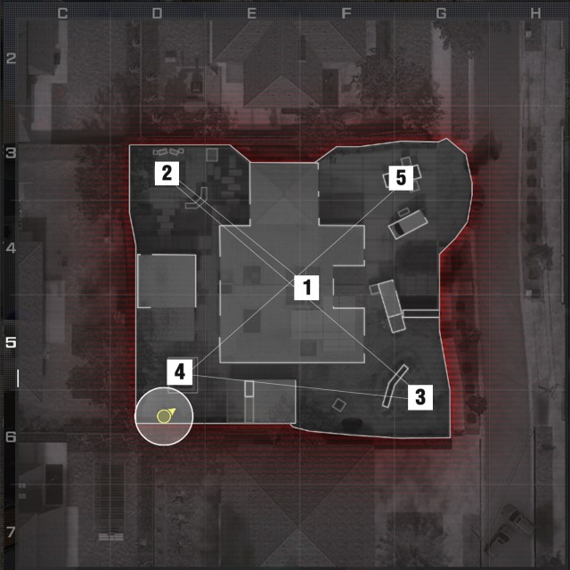A screenshot of the CoD tactical map of Stash House with Hardpoint hills shown in order.