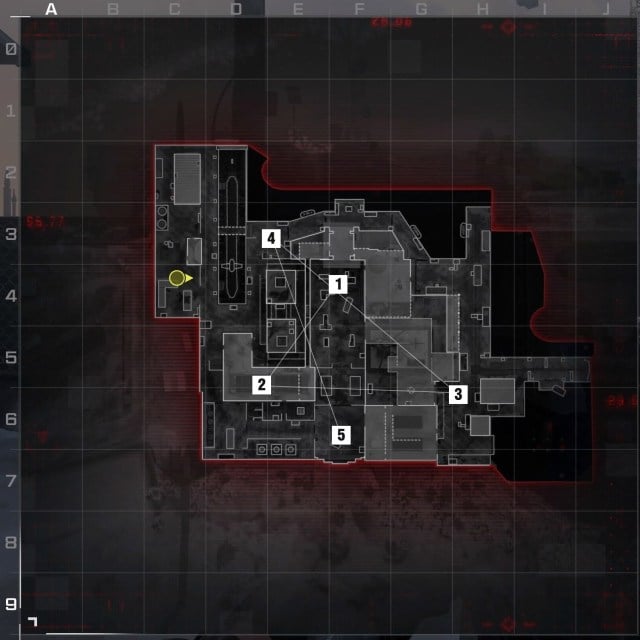 An overhead shot of Sub Base in Modern Warfare 3 with the five hardpoints marked in order.