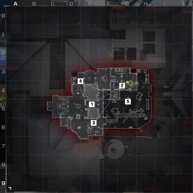 An overhead shot of Terminal in Modern Warfare 3 with the five hardpoints marked in order.