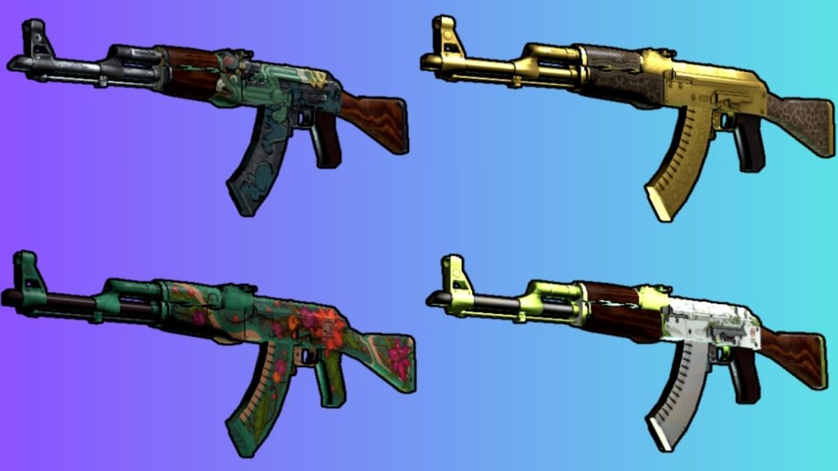 Four rare AK-47 CS2 skins in a montage, one in each corner of a rectangle, over a pink and blue radiant background.