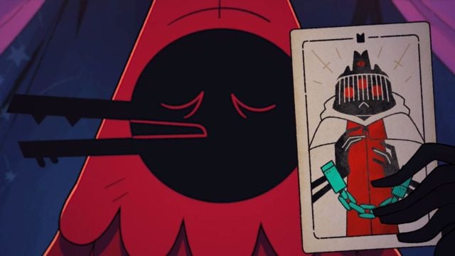 Red-hooded creature holding a tarot card in Cult of the Lamb.