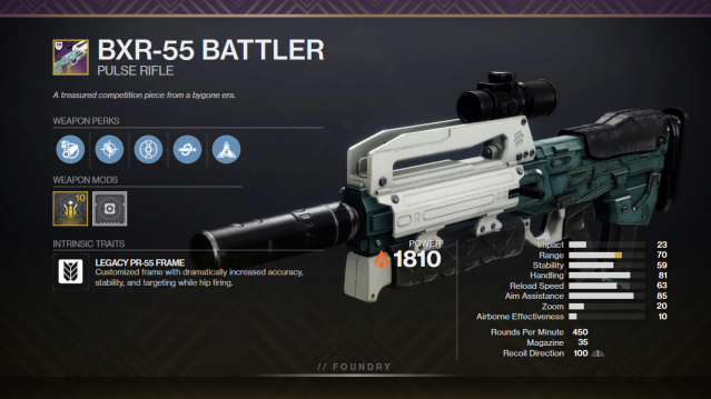 A graphic depicting the BxR-55 Battler with its perks and stats. It has Heating Up and Kill Clip equipped.