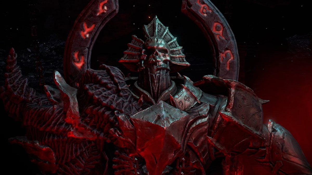 A warrior in skeletal armor stands in front of a black ring with red runes.