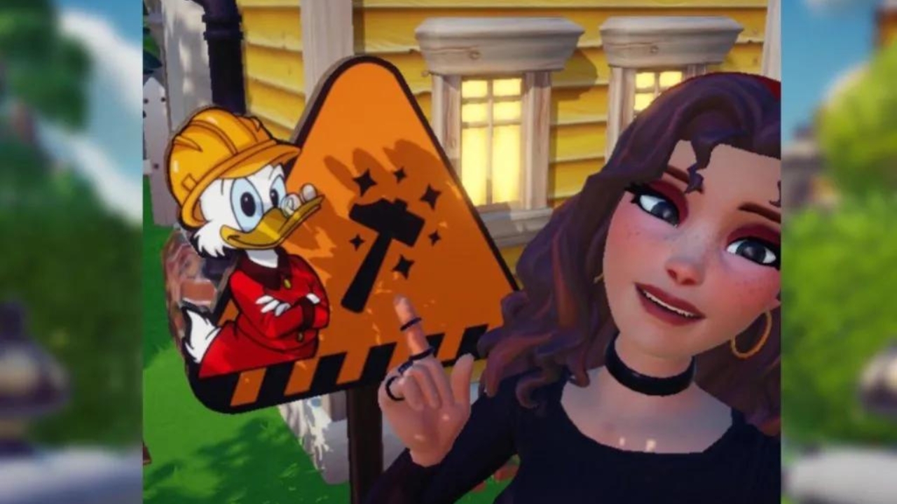Woman pointing to the scrooge sign for the house to upgrade it in Disney Dreamlight Valley