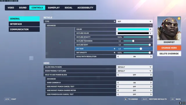 Settings for a Doomfist crosshair in Overwatch 2.