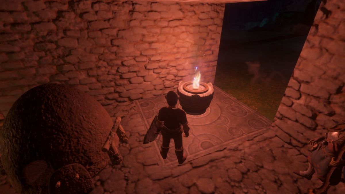 The players character in Enshrouded inside his base, looking at the Flame Altar.