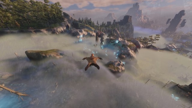 A player flying over a foggy land in Enshrouded.