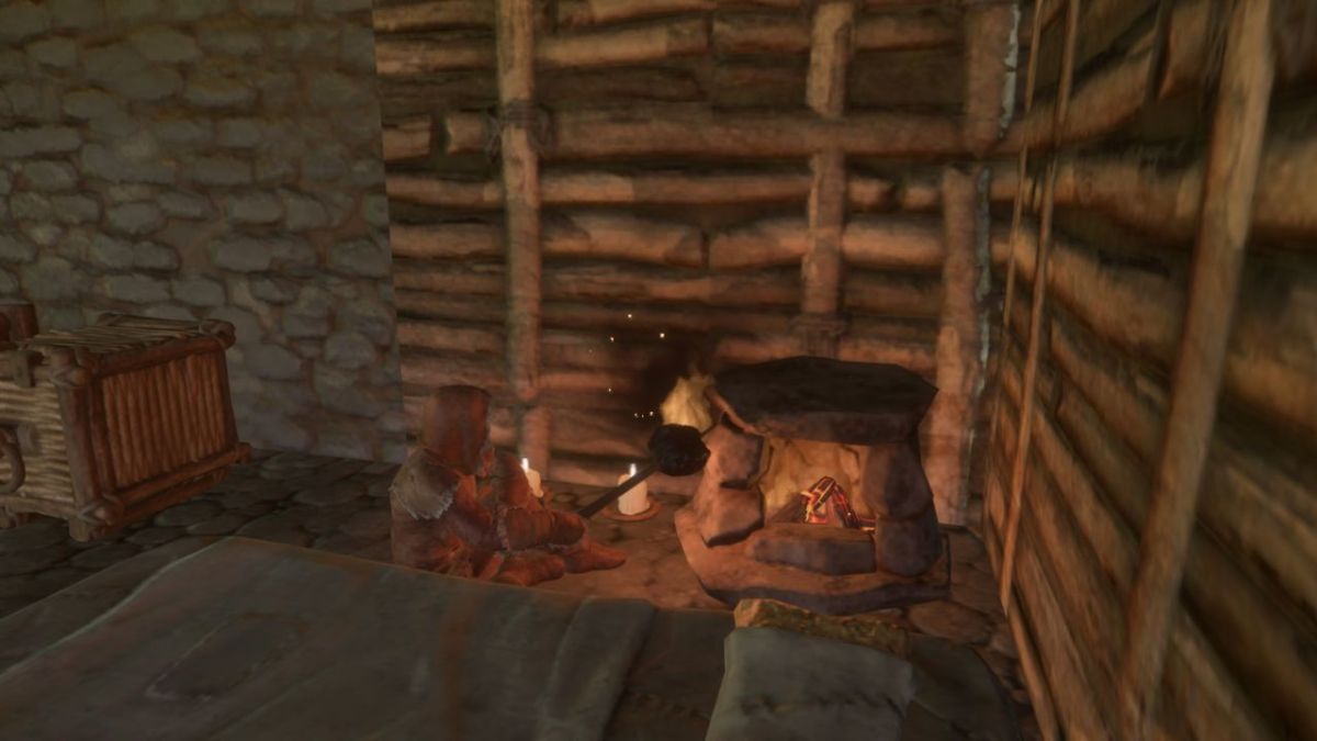 An Enshrouded character standing in front of a fireplace roasting food.