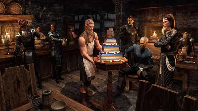 Chef Donolon carrying the Jubilee Cake in a tavern surrounded by several characters.