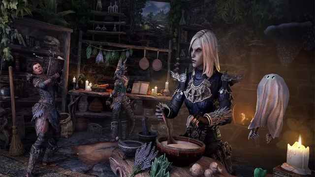 A mage in ESO cooking something in a bowl.