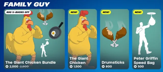 The Family Guy Giant Chicken skin bundles on the Fortnite store