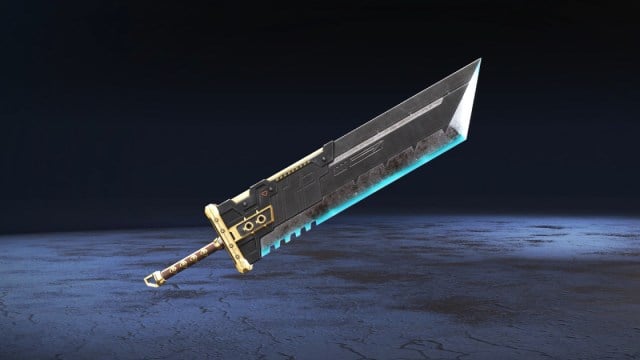Displays a giant, blocky sword with a wooden handle and a light blue edge.