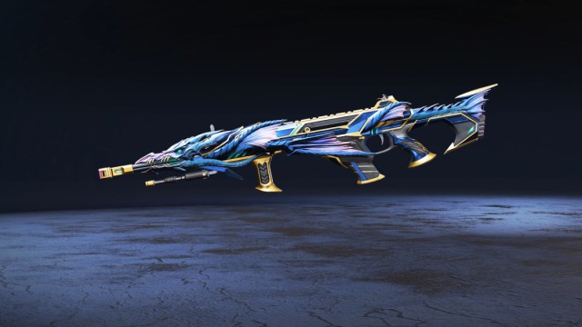 Longbow DMR skin in blue and gold. A dragon coils it's way around the length of the sniper rifle.