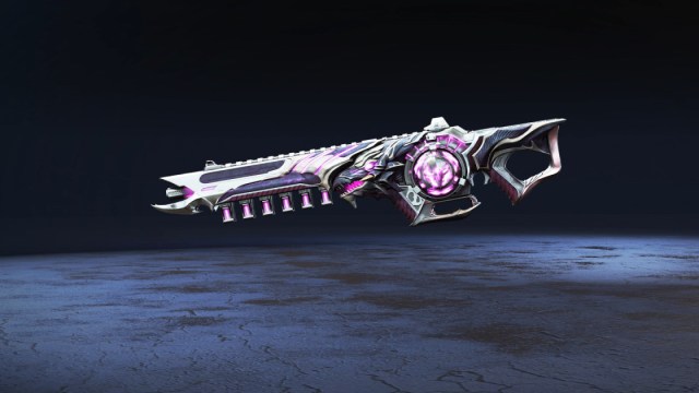 A white and purple Nemesis skin with curved edges and arcane, glowing purple insignia on the magazine.